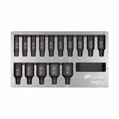 This 15-piece impact socket set includes 6-point sockets for use with impact wrenches. The sockets are designed for fastening and loosening bolts and nuts in automotive repair, heavy equipment maintenance, and industrial assembly. The set covers a range of common sizes for demanding applications.