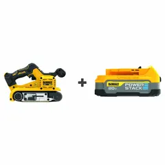 This cordless belt sander operates at 1,050 SFPM and accepts 3 in wide by 21 in long belts. It is powered by a 20V MAX* battery system and includes one 1.7 Ah battery. The brushless motor and dust bag support material removal, shaping, and finishing on wood, metal, and composite surfaces.