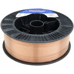 Carbon steel MIG welding wire for gas metal arc welding (GMAW) of carbon steel. Suitable for general fabrication, automotive repair, and structural applications. Supplied on a 44 lb plastic spool with 0.035 in diameter. As-welded tensile strength of 70 ksi and yield strength of 58 ksi.