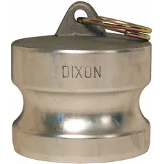 Aluminum dust plug for cam-and-groove couplings. Seals coupling ends when disconnected to prevent dirt, debris, and moisture ingress. Rated 250 psi maximum working pressure at 70 °F. Overall length 2 5/16 in. Used in fluid-transfer systems requiring line cleanliness.