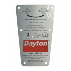 Replacement capacity label for Dayton brand material handling equipment, specifically model 3TP99G. Displays rated load capacity and operating limits for compliance and safe operation. Manufacturer part number 71317739G.