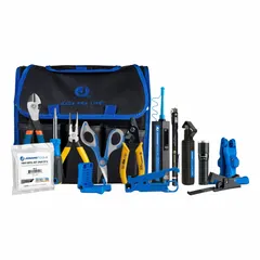 This 15-piece fiber optic tool kit is designed for terminating FC, SC, and ST connectors on fiber optic cables. It includes a visual fault locator for detecting breakpoints, leaks, poor connections, and stress points, a mid-span slitter for 1.2 mm to 3.3 mm cables, a connector cleaner, and a fiber cleaver.