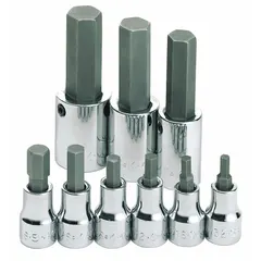 This 25-piece hex bit socket set includes 9 hex bit sockets with a replaceable insert. It covers SAE sizes from 5/32 in to 5/8 in and features both 3/8 in and 1/2 in drive sizes for compatibility with standard ratchets and tools. Suitable for driving hex fasteners in assembly, maintenance, and repair tasks.