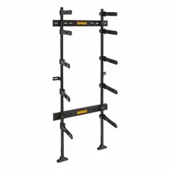 This racking system is designed for organizing and storing modular tool boxes and accessories in workshops or on job sites. Constructed of black plastic, it measures 12 7/8 in wide by 12 7/8 in deep by 70 3/4 in high by 25 1/2 in long. Included hardware enables secure stacking and wall mounting to maximize vertical space.