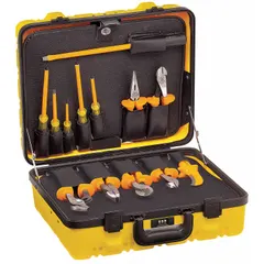 This 13-piece tool set includes two diagonal-cutting pliers, a knife, a cable stripper, and a Phillips screwdriver, all supplied in a tool case. The tools are insulated for electrical work. Suitable for electricians and maintenance technicians requiring insulated hand tools.