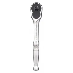 This standard-head ratchet features a reversible mechanism and chrome finish. With a 5-1/2 inch overall length and 8° minimum arc swing, it is suited for tightening and loosening fasteners in confined spaces. Commonly used in automotive repair, machinery maintenance, and general assembly work.