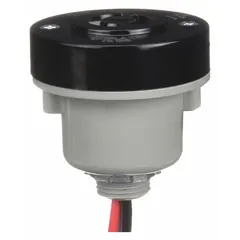 This receptacle provides a mounting and electrical connection point for turn-locking photocells. It features 12-inch leads for wiring flexibility. Used in outdoor lighting systems for automatic dusk-to-dawn control.