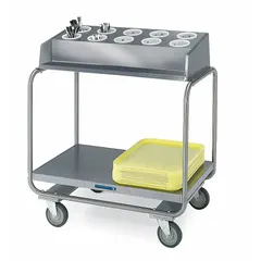 Stainless steel flatware cart in gray finish. Overall length 34-3/4 in, width 22-1/2 in. Equipped with swivel casters for maneuverability. Used in foodservice settings for transporting and dispensing flatware and trays.