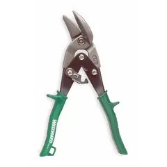 This right-cutting offset aviation snip is designed for cutting sheet metal in applications where a straight snip cannot reach, such as HVAC ductwork and metal fabrication. It features steel blades and a plastic handle, with an overall length of 9-3/4 in and a cutting length of 1-1/4 in.