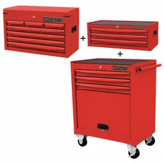 This light-duty top chest and rolling cabinet combo provides organized storage for hand tools and small parts in workshops and garages. It features 13 drawers with ball-bearing slides for smooth operation and keyed locks for security. The unit measures 28-3/4 in W x 18-1/8 in D x 33-7/8 in H and has a red powder-coated finish.