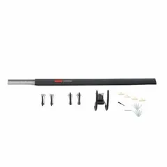 This steel wall-mount track system kit includes two 32-inch rails and hardware for installation. Designed for organizing garages, it supports non-locking hooks with a load capacity of 25 lb per hook, suitable for hanging tools and equipment.