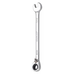This 8 mm metric 12-point ratcheting combination wrench is constructed from alloy steel with a chrome finish. The offset design provides clearance for fasteners in recessed or confined areas. With an overall length of 5 1/2 inches, it is suited for tightening or loosening fasteners in automotive, mechanical, and industrial maintenance tasks.