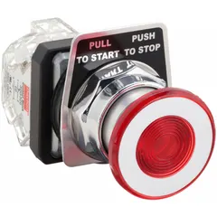 This Dayton mushroom-head push button features a metallic construction with a 30 mm profile. It has a maintained/maintained action and a 1NO/1NC contact configuration. The terminal connection is via a pressure plate. Commonly used as a control switch in industrial machinery and panel applications.