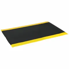 This 2 ft x 8 ft antifatigue mat is constructed from PVC foam with a black surface and yellow border. It features a 1/2 in thickness and an anti-slip backing for stability. The diamond plate texture provides wear resistance, making it suitable for industrial workstations, assembly lines, and manufacturing areas where standing comfort and slip resistance are needed.