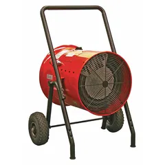 Portable electric salamander heater with 15kW output, 240V AC, 3-phase hardwired connection. Includes 10-inch pneumatic wheels for mobility. Measures 40 x 30 x 24 inches. Features a one-time thermal fuse for overheat protection. Suitable for temporary heating in construction sites, garages, and warehouses.