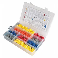 This 570-piece mixed wire connector and terminal set accommodates wire sizes from 22 AWG to 8 AWG. Suitable for splicing, terminating, and connecting wires in junction boxes, lighting fixtures, and control panels.