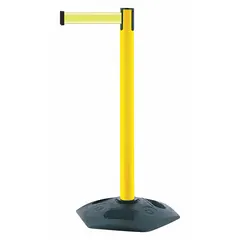 This retractable belt post barrier from TENSABARRIER features a yellow plastic post and a yellow belt with no legend, supported by a rubber base. The belt extends to 7 1/2 ft, providing a visual barrier for crowd control, queue management, and safety delineation in industrial, commercial, and event settings.