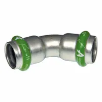 This APOLLO SmartPress fitting is a press-fit x press-fit elbow for potable water stainless steel systems. It connects 2-inch pipes to change direction, featuring an EPDM seal. Suitable for plumbing applications in residential, commercial, and industrial settings
