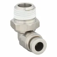 This SMC stainless steel elbow fitting connects 5/32 in OD tubing to a 1/8 in male NPT threaded port. The push-to-connect design allows for quick installation without tools. Suitable for pneumatic systems, instrumentation, and fluid handling where corrosion resistance is required