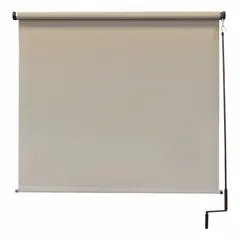 This right-side pole-and-crank sun shade from the Regal Series features an 8 ft fabric height in light brown. It uses a bungee and hook tie-down system and provides 90% UV protection. Suitable for outdoor areas such as patios, decks, or commercial spaces requiring adjustable shade.