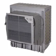 This HESSAIRE multiple-inlet residential ducted evaporative cooler is designed for cooling spaces up to 1,600 sq ft. It measures 36 in x 30 in x 27 in, operates on 115V AC, and includes a factory-installed drive package with a 1/3 hp motor. Suitable for dry climates where evaporative cooling is effective.