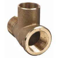 This low-lead bronze tee connects three copper or CTS pipes in a branch line. It features FNPT, MNPT, and cup ends for soldered or threaded installations. Suitable for potable water, HVAC, and industrial plumbing systems requiring lead-free compliance