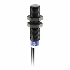 This inductive cylindrical proximity sensor detects metallic objects without physical contact. It features a non-terminated cable, unshielded design, and NPN output, operating on a DC supply voltage of 12-48V DC. Suitable for position sensing, part detection, and machine control in industrial automation.