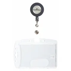 This 10-pack of clear plastic pouches is designed for use with retractable badge tethers. Each pouch measures 4 inches wide by 2 13/16 inches high and supports both horizontal and vertical orientation. Suitable for securing ID cards or access passes in industrial, office, or warehouse environments.
