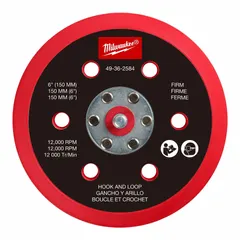 Round backing pad for power sanders, 6 in diameter, hard density, with hook-and-loop surface for quick disc changes. Features six vacuum holes for dust extraction. Compatible with MILWAUKEE 2585-20 sander. Suitable for sanding and finishing applications on various surfaces.