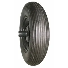 This pneumatic tire is designed for replacement on standard wheelbarrows. With a 16-inch outside diameter, it fits common wheelbarrow rims and provides mobility for hauling materials in construction, landscaping, and agricultural settings.