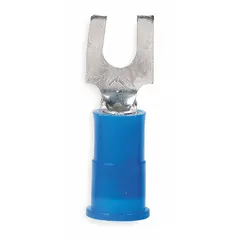 Nylon-insulated block fork terminal for #10 stud size, accepting 16 AWG to 14 AWG wire. Rated for 600 V. Used for secure crimp connections in control panels, power distribution, and automation systems.