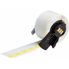 Precut wraparound label made of yellow matte vinyl, sized 1 in x 1/2 in, designed for wire gauges from 16 AWG to 8 AWG. Compatible with BMP71 printer series and requires M61-R4310 ribbon. Used for permanent identification of wires in control panels, electrical cabinets, and cable management systems.