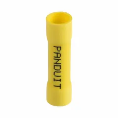 Yellow vinyl-insulated butt splice connector for permanently joining two wires end-to-end. Accepts 12 AWG to 10 AWG wire, rated 300 V. Pack of 25. Suitable for general electrical wiring, junction boxes, and control panels.