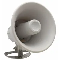 Round horn speaker with 4 ohm impedance, 8 in overall width, and 10 in overall height. Suitable for public address and alarm systems in industrial and marine environments where clear audio projection is needed