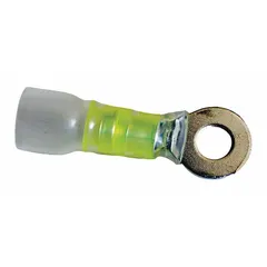 Nylon insulated ring terminal rated for 600 V. Accommodates 12 AWG to 10 AWG wire with a 1/2 in stud size. Used for secure electrical connections in control panels, machinery, and automotive wiring.