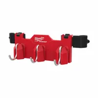 This red ABS plastic hook attachment measures 4 in W x 4 13/16 in H x 16 13/16 in L and provides three hooks for organizing and hanging tools or accessories from compatible PACKOUT tool cases. Suitable for use in workshops, job sites, and storage systems where space efficiency and quick access are required