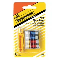 This fuse kit contains ATC series automotive blade fuses covering a 10 A to 40 A range. It includes a FP-A3 fuse puller for safe removal. Suitable for replacing blown fuses in automotive and fleet electrical systems.