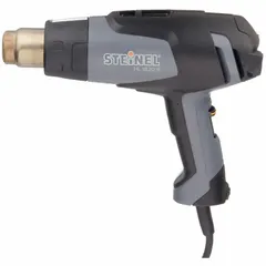This standard pistol-grip heat gun operates on 120V AC with a 12 A current and a two-prong plug. The kit includes one bare tool and four nozzles. Typical applications include shrink-wrapping, paint stripping, thawing frozen pipes, and bending plastics.