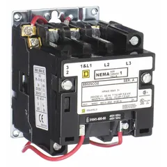 This SQUARE D NEMA contactor is a non-reversing, 3-pole device rated NEMA Size 1, 27 A, 480V AC. It is used for switching motors and other loads in industrial control panels, such as conveyors, pumps, compressors, and HVAC equipment.