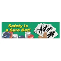 This poly sheeting banner is printed on one side and measures 28 inches by 96 inches. It is suitable for both indoor and outdoor use, making it a practical choice for posting safety messages in industrial environments. The banner does not include wind slits