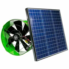 Solar-powered gable-mount attic exhaust fan with a 40-watt solar panel and high-efficiency motor. Delivers up to 1,217 cfm for attics up to 2,600 sq ft. Includes a built-in thermostat for automatic temperature control. Operates on 120V AC and is suited for high-static-pressure applications.