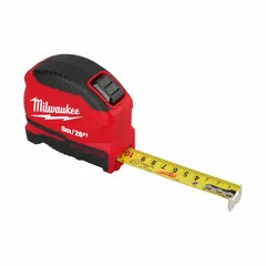 Manual lock tape measure with a 26 ft / 8 m metal/stainless steel blade. Features Metric/SAE markings in red, a nonmagnetic single hook tip, and is tether ready. Used for linear measurements in construction, carpentry, and industrial applications.