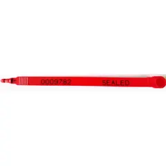 Red plastic strap seals with 7 1/2 in length and 1/4 in width. Laser-marked white random numbering and 'Sealed' message. Breaking strength of 60 lb. Supplied in a 1,000-pack. Used for tamper-evident sealing of bags, pouches, and containers in industrial and logistics applications.