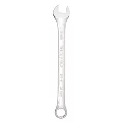 This 9 mm metric spline combination wrench features a chrome finish and an offset design for improved access to fasteners in confined spaces. The wrench is constructed from alloy steel and has an overall length of 5 1/2 inches. It is commonly used for tightening and loosening fasteners in mechanical assembly and maintenance tasks.