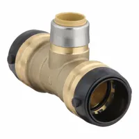 This brass push-to-connect tee fitting features a reducer and swivel design, allowing tool-free connections for copper, CPVC, or PEX tubing. Used to create branch connections in plumbing systems, it joins tubes of different diameters without soldering or clamping