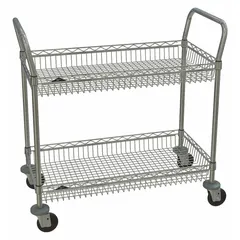 This METRO utility cart features two deep lipped wire shelves in a chrome finish, designed to secure items during transport. With a 375 lb capacity and four swivel casters, it is suited for moving supplies, tools, or products in industrial environments such as warehouses, kitchens, and labs.