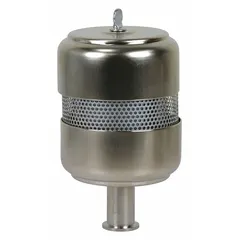 Exhaust filter for vacuum pumps, designed to remove oil mist and particulates from exhaust streams. Features 99.9% filtration efficiency, 5-inch outside diameter, and 9 1/2-inch overall height. Suitable for laboratory, industrial, and research applications requiring clean exhaust.