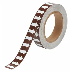 White-on-brown vinyl pipe marking tape for identifying pipe contents and indicating directional flow. Non-reflective, 1 inch wide, 90 feet per roll. Suitable for marking pipes carrying combustible or flammable fluids in industrial facilities.