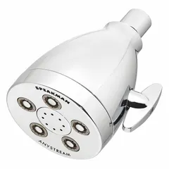 Fixed showerhead with multi-pattern spray options. Constructed from brass and plastic. Flow rate is fixed at 2 gpm. Suitable for hospitality and commercial shower applications.
