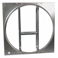Steel venturi frame for wall-mount ventilation fans, designed for a 36-inch blade diameter with an outer dimension of 38 1/2 inches by 38 1/2 inches. Includes mounting bolts for installation. Used in industrial and commercial ventilation systems to direct airflow.